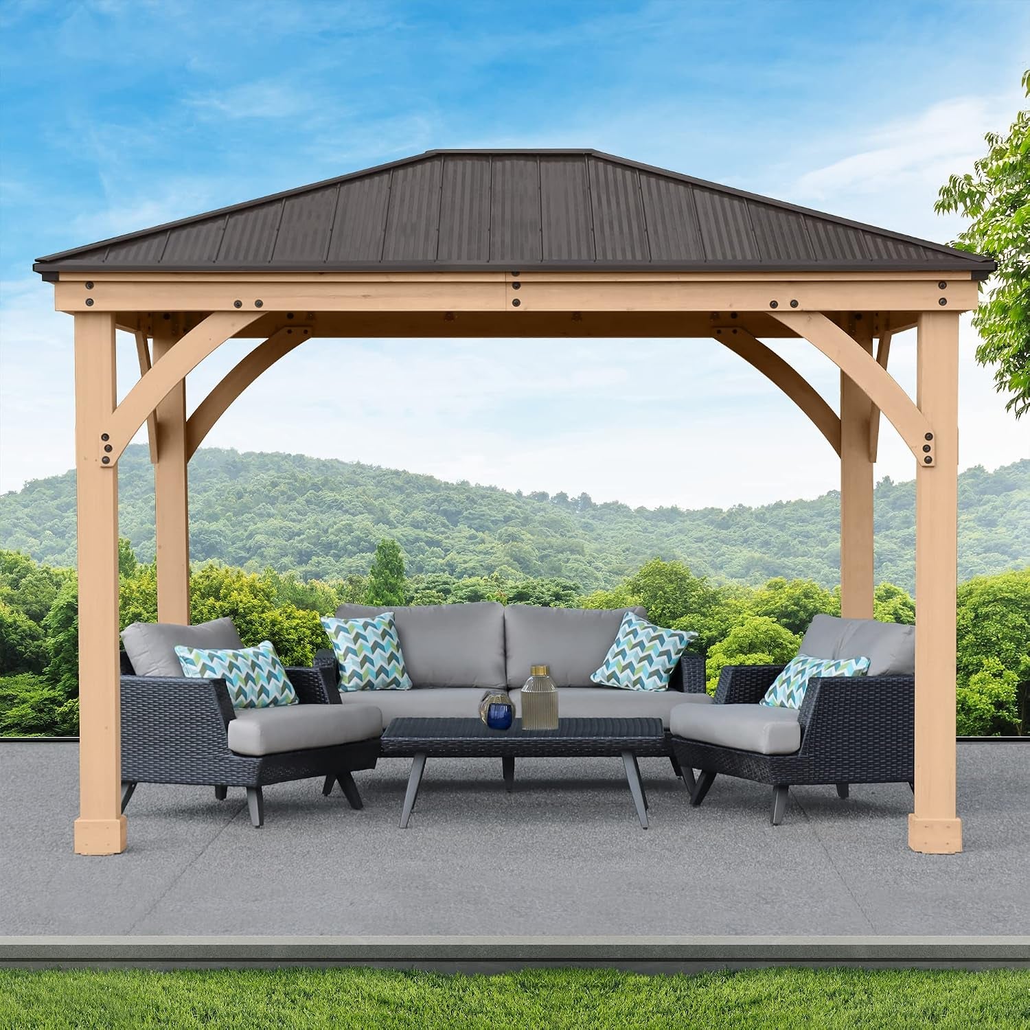 Yardistry 10 X 12 Meridian Cedar Wood Gazebo Pavilion for Patios, Decks, Garden, Backyard, Durable, Aluminum Roof