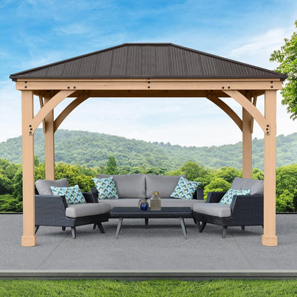 Yardistry 10 X 12 Meridian Cedar Wood Gazebo Pavilion for Patios, Decks, Garden, Backyard, Durable, Aluminum Roof