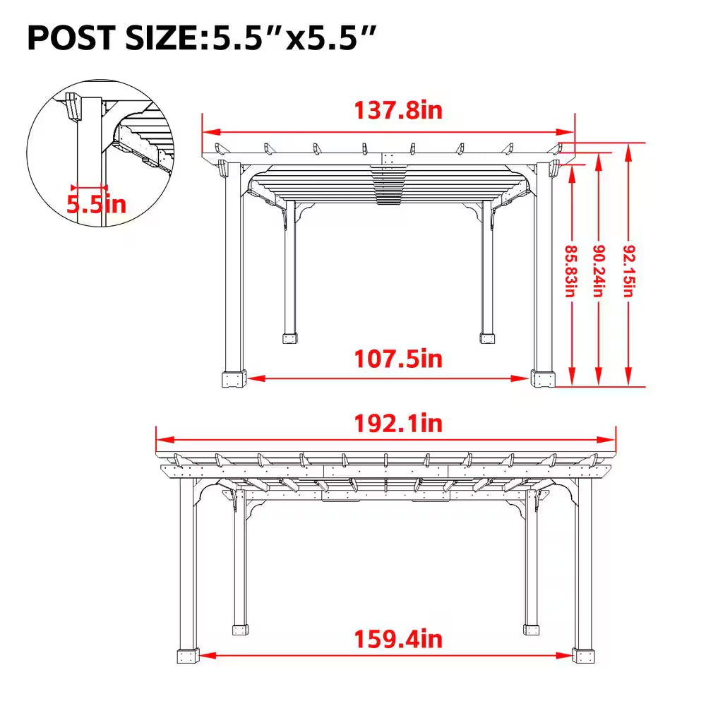 16 Ft. W X 12 Ft. D Cedar Wood Patio Pergola Shade Structure for Outdoor, Brown