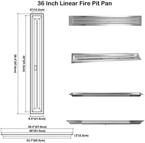 36 X 6 Inch Linear Fire Pit Kit with Spark Ignition Kits | 304 Stainless Steel Propane Gas Firepit Insert for Outdoor DIY Firepit Project - Propane Gas Version