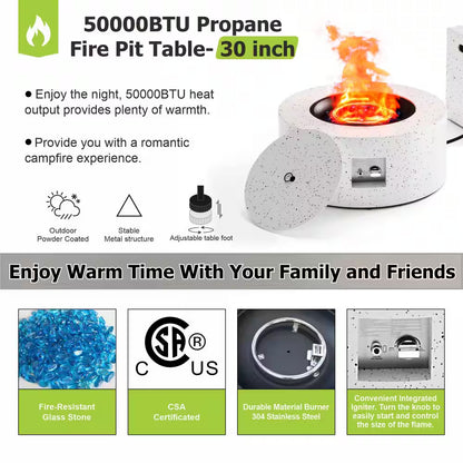 Outdoor Fire Pit Table Gas Fire Pits, 30 In. round Firepit Table, 50,000 BTU Fire Table for Patio, White with Black Dots