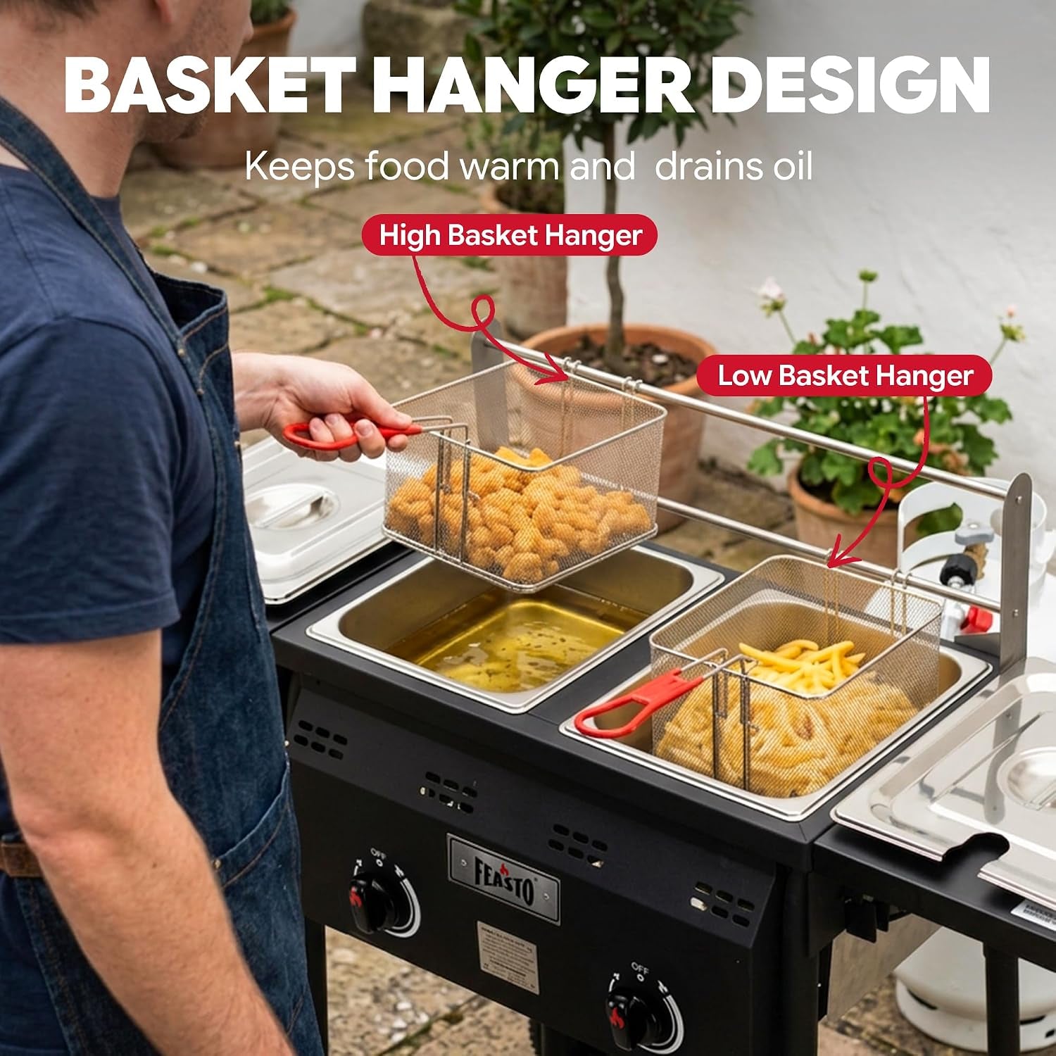 Outdoor Propane Deep Fryer with Rolling Cart, Dual Tank Fish Fryer | 2 Independent Burners, 100,000 BTU, 4-Gal Oil Capacity, Frying Station with Baskets for Fish, Fries & Chicken