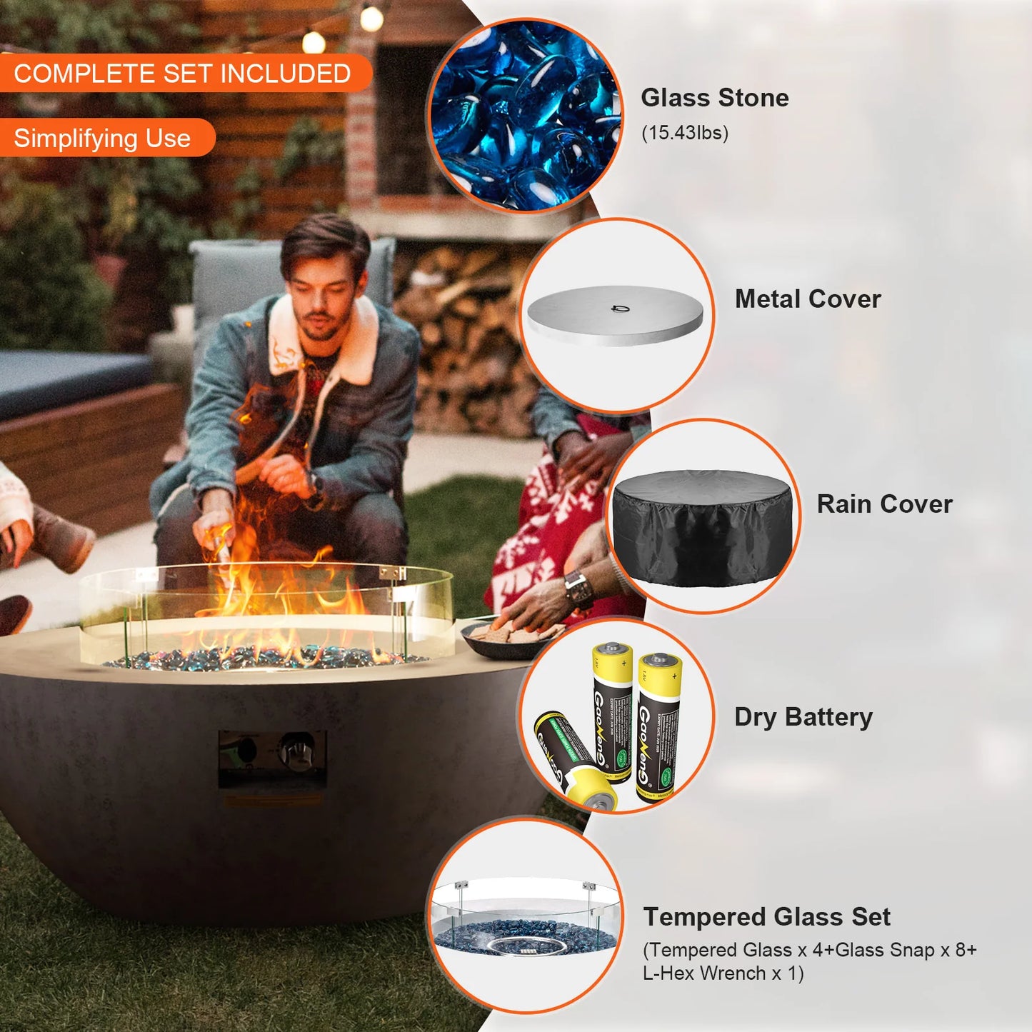 Propane Fire Pit, Outdoor Concrete Gas Fire Pit, 39 in Tabletop with Lava Rocks, Lid, Rain Cover, Adjust Flame Height Camping Firepit for Heating, Lighting, 50000 BTU