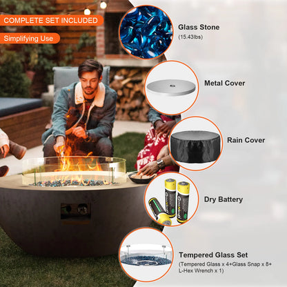 Propane Fire Pit, Outdoor Concrete Gas Fire Pit, 39 in Tabletop with Lava Rocks, Lid, Rain Cover, Adjust Flame Height Camping Firepit for Heating, Lighting, 50000 BTU