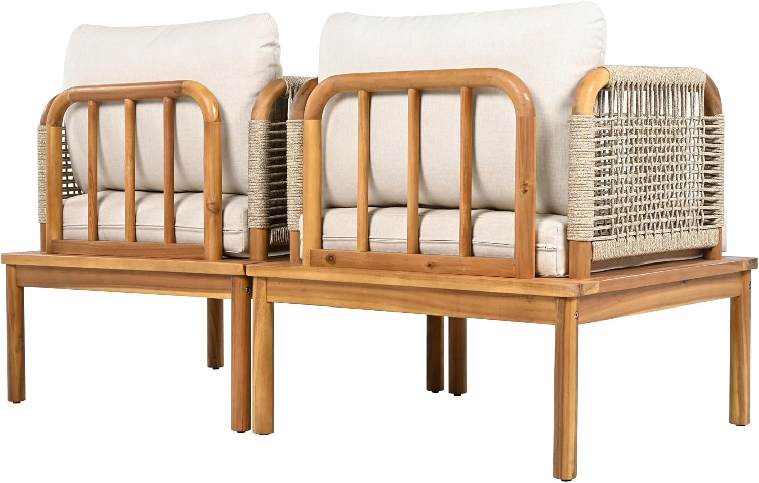 Coby 5-Piece Acacia Wood Patio Furniture Set, Outdoor Conversation Sofa Set with Club Chair, Coffee Table and Ottoman, Patio Sectional Chat Set for Backyard/Balcony, Teak+Beige