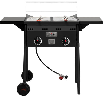 Outdoor Propane Deep Fryer with Rolling Cart, Dual Tank Fish Fryer | 2 Independent Burners, 100,000 BTU, 4-Gal Oil Capacity, Frying Station with Baskets for Fish, Fries & Chicken