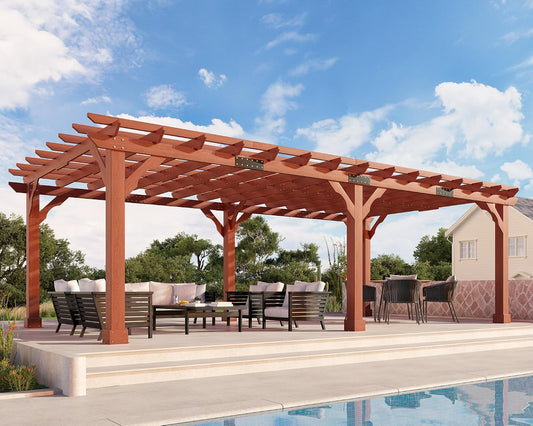 12X24 FT Premium Cedar Wood Pergola with Trellis Roof & Weather-Resistant Support, Outdoor Pergola Kit with Stakes, Garden Gazebo for Patio, Backyard & Events, Reddish-Brown