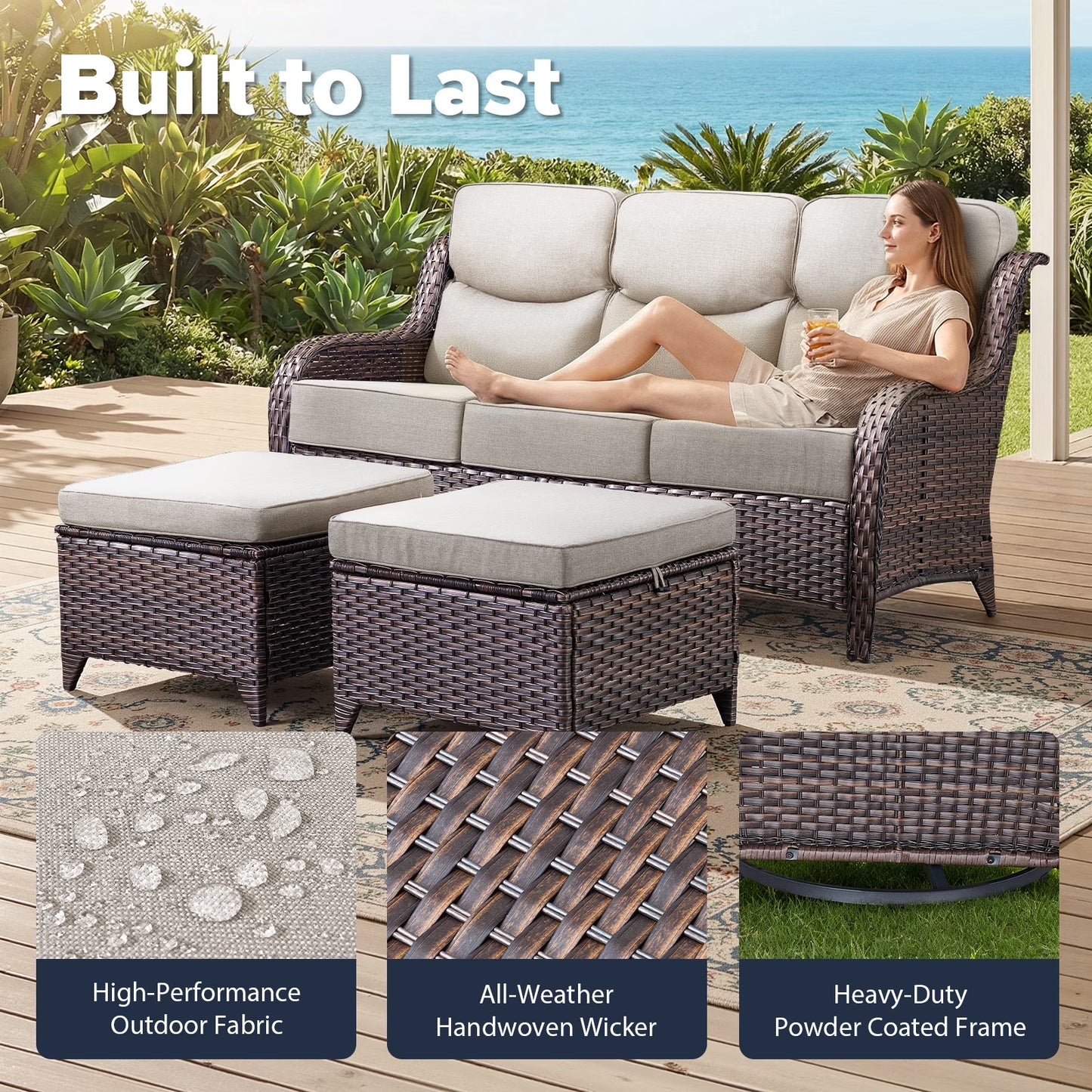 9-Piece Outdoor Patio Furniture Set with Fire Pit Table,Swivel Chairs and 6" Thick Cushions,Sectional Sofa and Ottomans,Patio Conversation Set for Porch Deck Garden Backyard