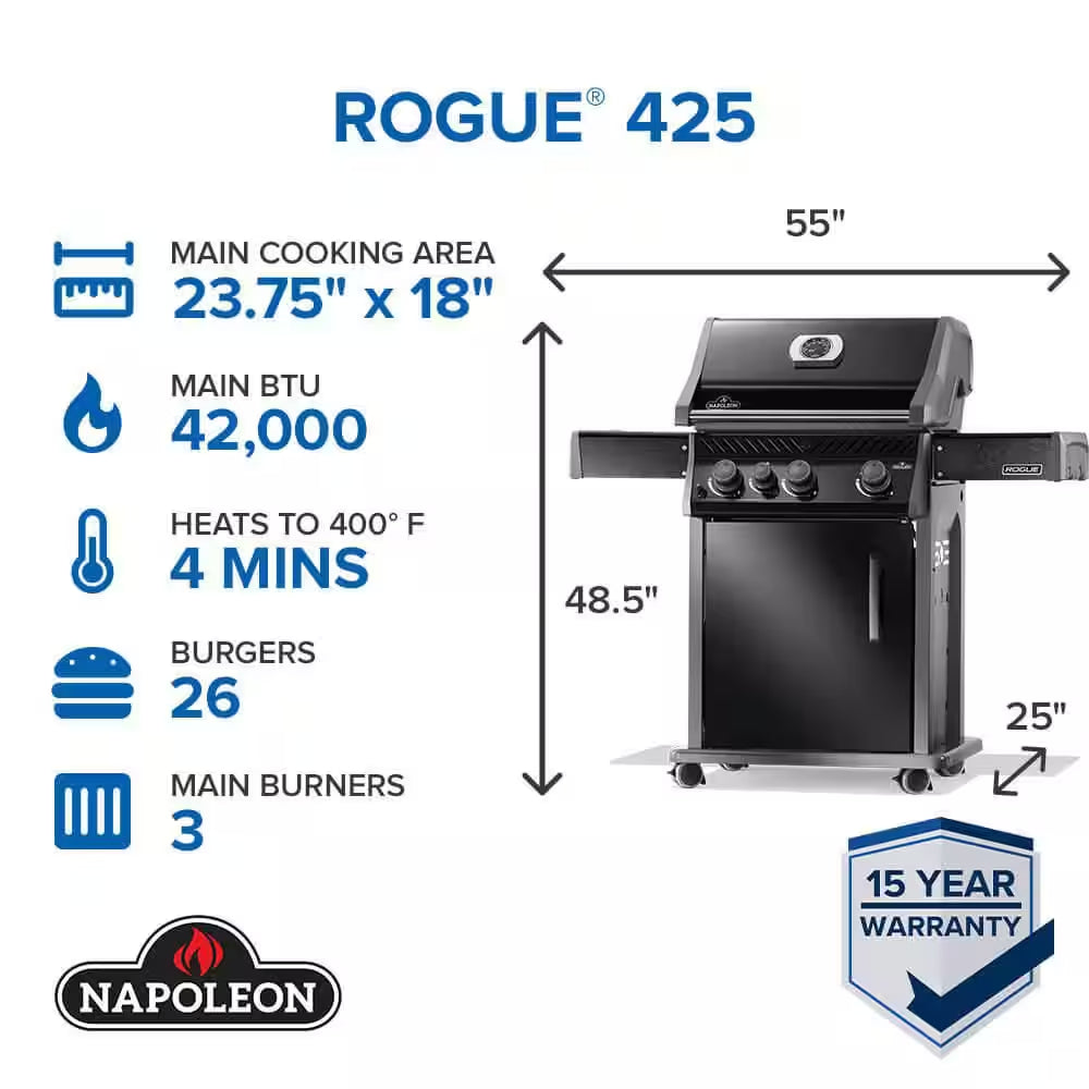 Rogue 425 3-Burner Propane Gas Grill in Black with Cast Iron Cooking Grids and Range Side Burner