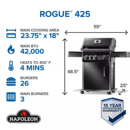 Rogue 425 3-Burner Propane Gas Grill in Black with Cast Iron Cooking Grids and Range Side Burner