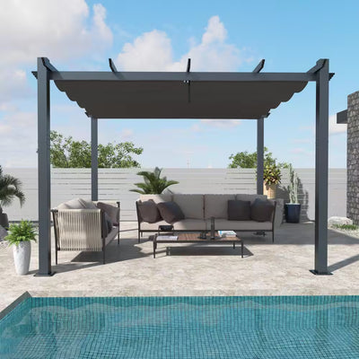 10 Ft. X 10 Ft. Dark Grey Aluminum Outdoor Patio Pergola with Retractable Sun Shade Canopy Cover