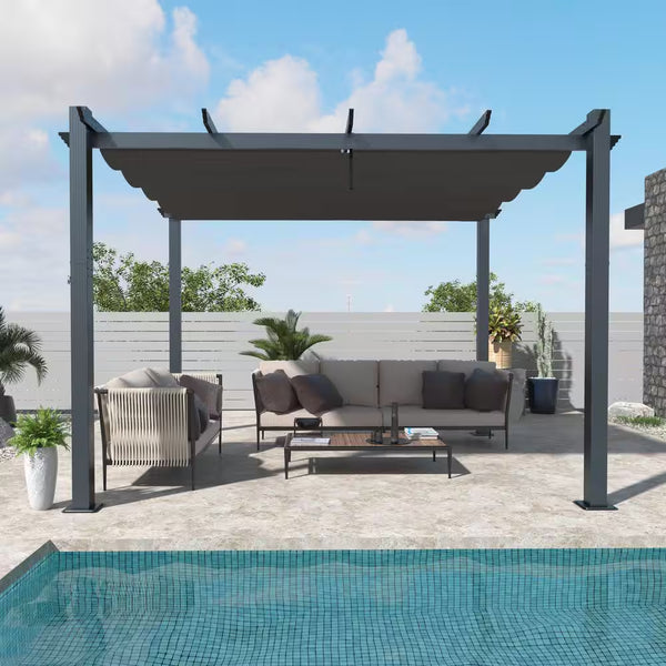 10 Ft. X 10 Ft. Dark Grey Aluminum Outdoor Patio Pergola with Retractable Sun Shade Canopy Cover