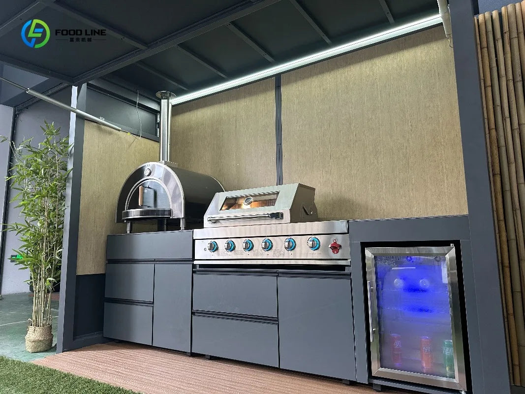 Premium Weatherproof Outdoor Kitchen Set Stainless Steel Grills Sink and Fridge Cabinets & Custom Aluminum Pavilion
