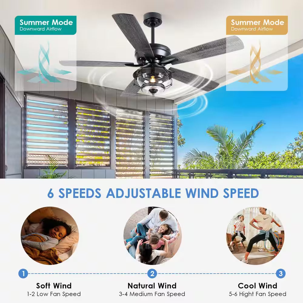 52 In. Indoor/Outdoor Black Ceiling Fans with Light and Remote-Wet Rated for Patios Gazebos