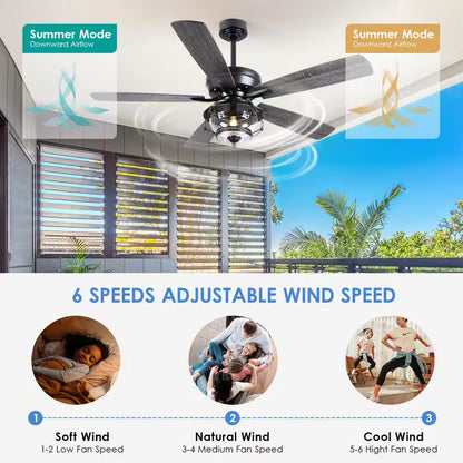 52 In. Indoor/Outdoor Black Ceiling Fans with Light and Remote-Wet Rated for Patios Gazebos