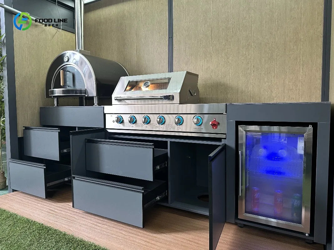 Premium Weatherproof Outdoor Kitchen Set Stainless Steel Grills Sink and Fridge Cabinets & Custom Aluminum Pavilion