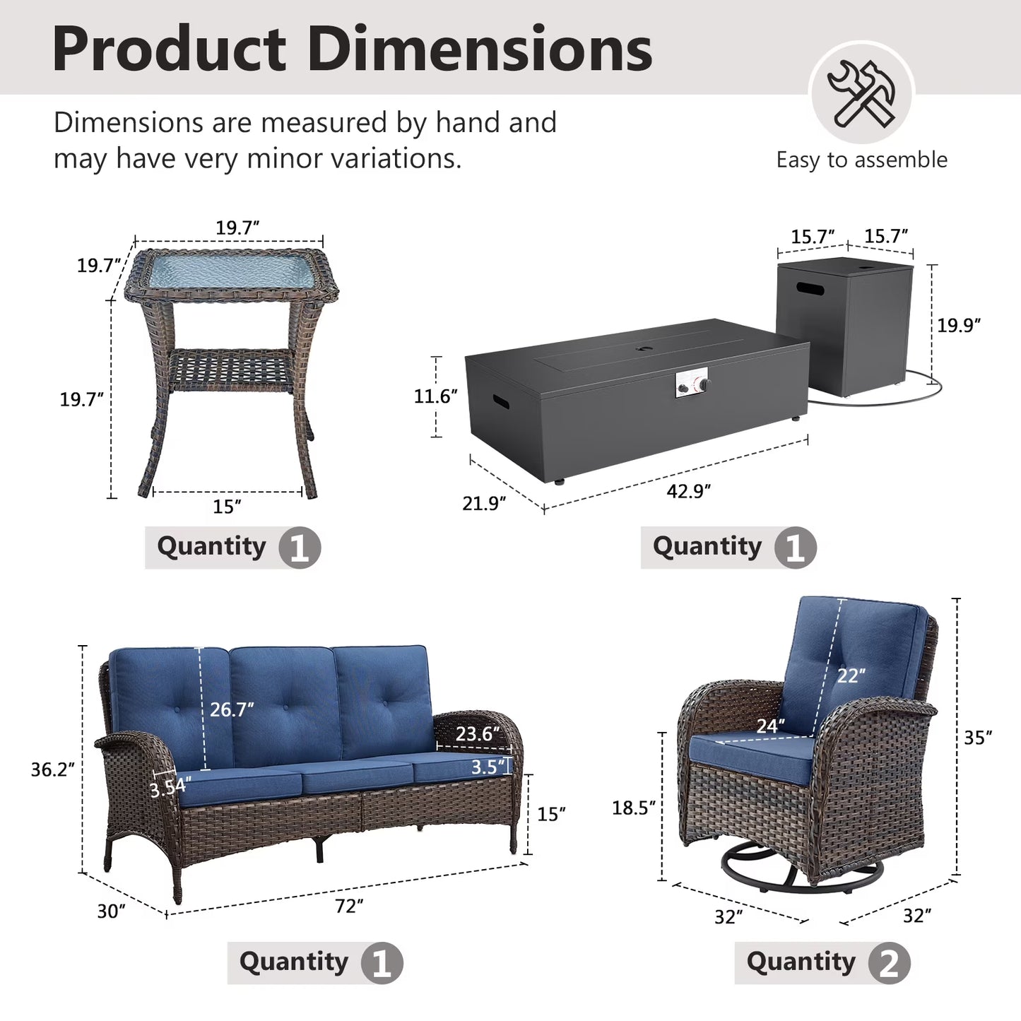 5PCS Outdoor Patio Furniture Set with Fire Pit Table, Brown Wicker Patio Furniture Couch Outdoor Swivel Chair and 43" Propane Firepit Table