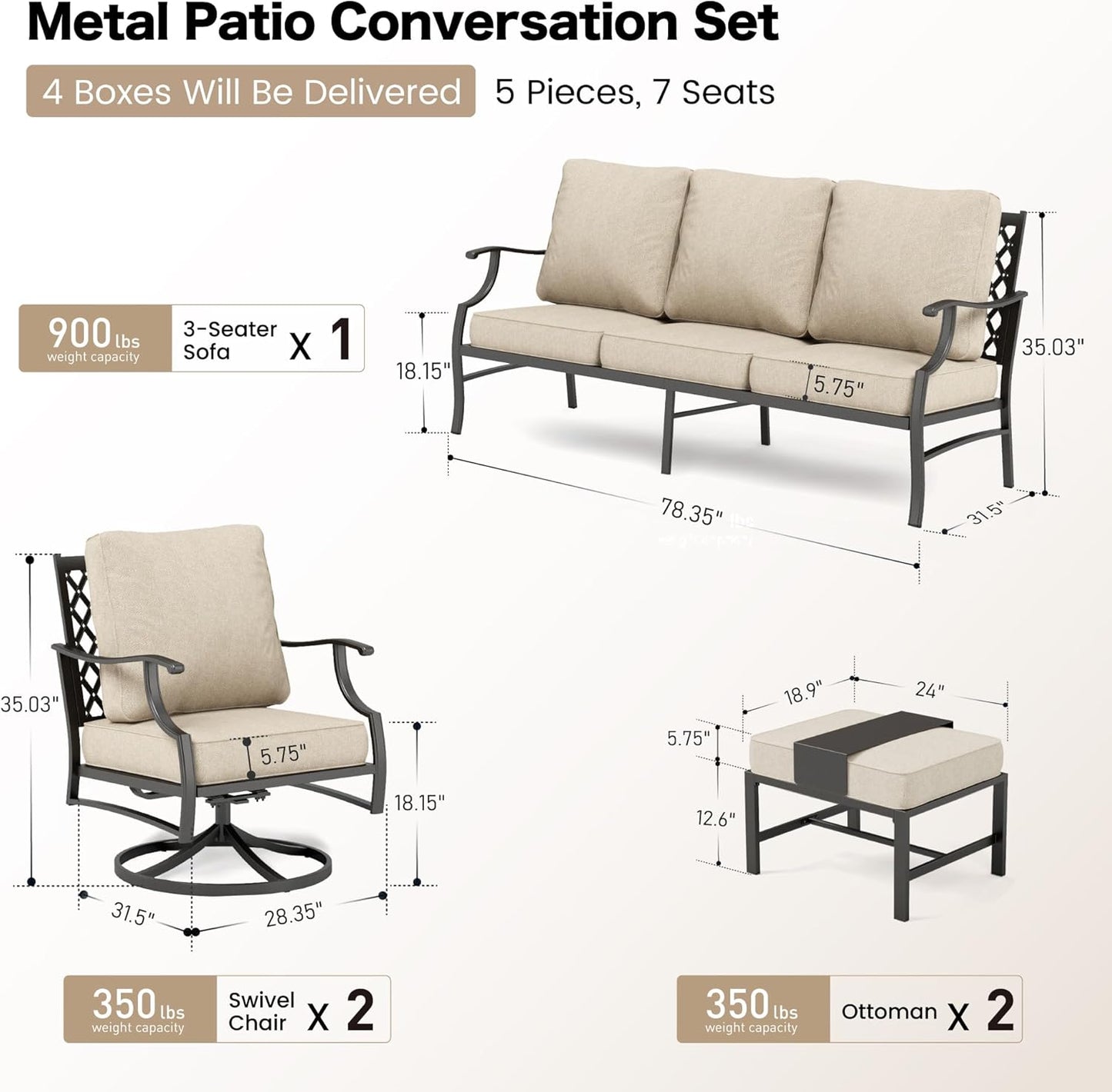 Patio Furniture Set, Modern Metal Outdoor Patio Furniture, 3 Seater Sofa, 2 Swivel Chairs, 2 Ottomans and 5.75" Extra Thick Cushion, Patio Conversation Set for Garden Backyard Deck