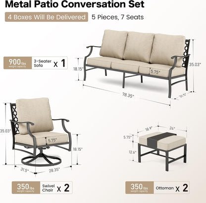 Patio Furniture Set, Modern Metal Outdoor Patio Furniture, 3 Seater Sofa, 2 Swivel Chairs, 2 Ottomans and 5.75" Extra Thick Cushion, Patio Conversation Set for Garden Backyard Deck