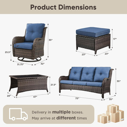 Wicker Outdoor Furniture Patio Furniture Set - 6 Piece Patio Conversation Set with Swivel Rocker Chairs, Rattan Sofa, Ottomans and Coffee Table, Blue Cushion