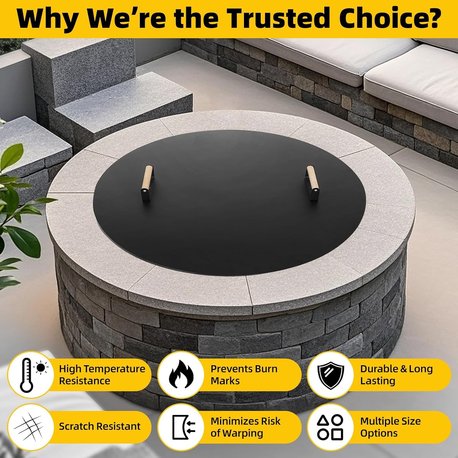 Firepit Lid round 38 Inch - Rust Resistant Fire Pit Lid Cover with Wooden Handle & Gloves, Fire Pit Snuffer Lid for Courtyards, Patio, Winter Cold Protection. Fits Fire Pits up to 36"