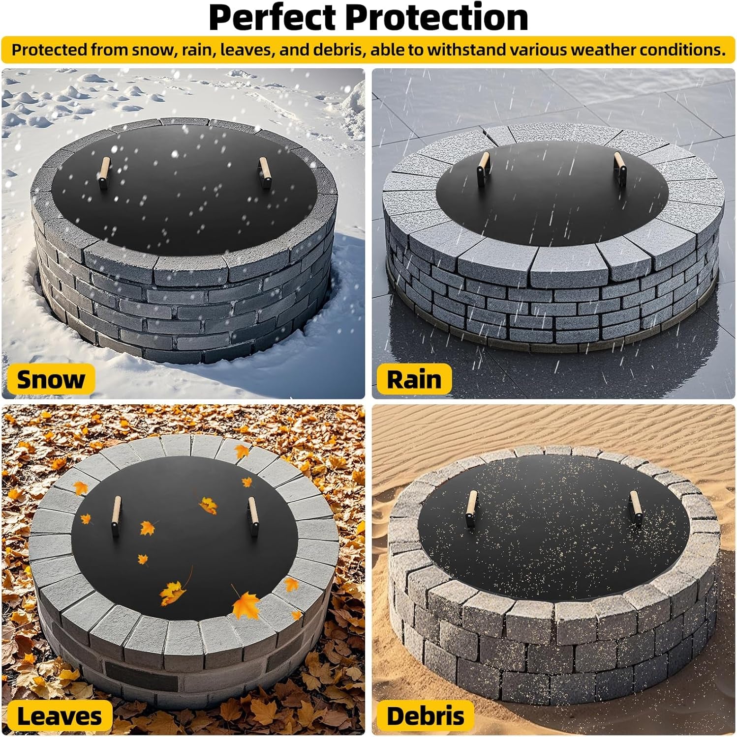 Firepit Lid round 38 Inch - Rust Resistant Fire Pit Lid Cover with Wooden Handle & Gloves, Fire Pit Snuffer Lid for Courtyards, Patio, Winter Cold Protection. Fits Fire Pits up to 36"