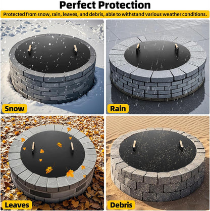Firepit Lid round 38 Inch - Rust Resistant Fire Pit Lid Cover with Wooden Handle & Gloves, Fire Pit Snuffer Lid for Courtyards, Patio, Winter Cold Protection. Fits Fire Pits up to 36"