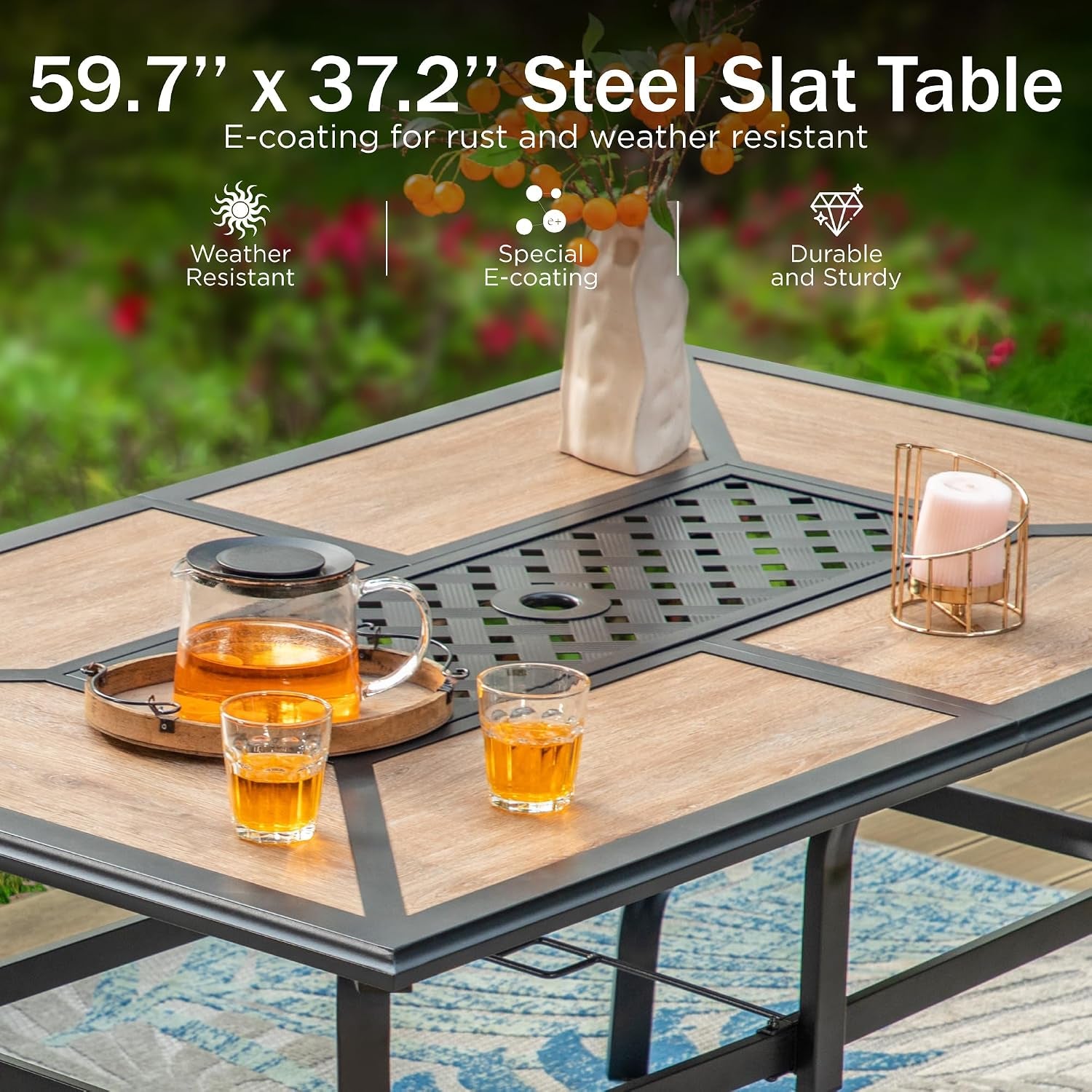 Patio Dining Set, for 6, Swivel Chairs | E-Coated and Steel, Rectangle Table, Beige Cushion, 1.57" Umbrella Hole