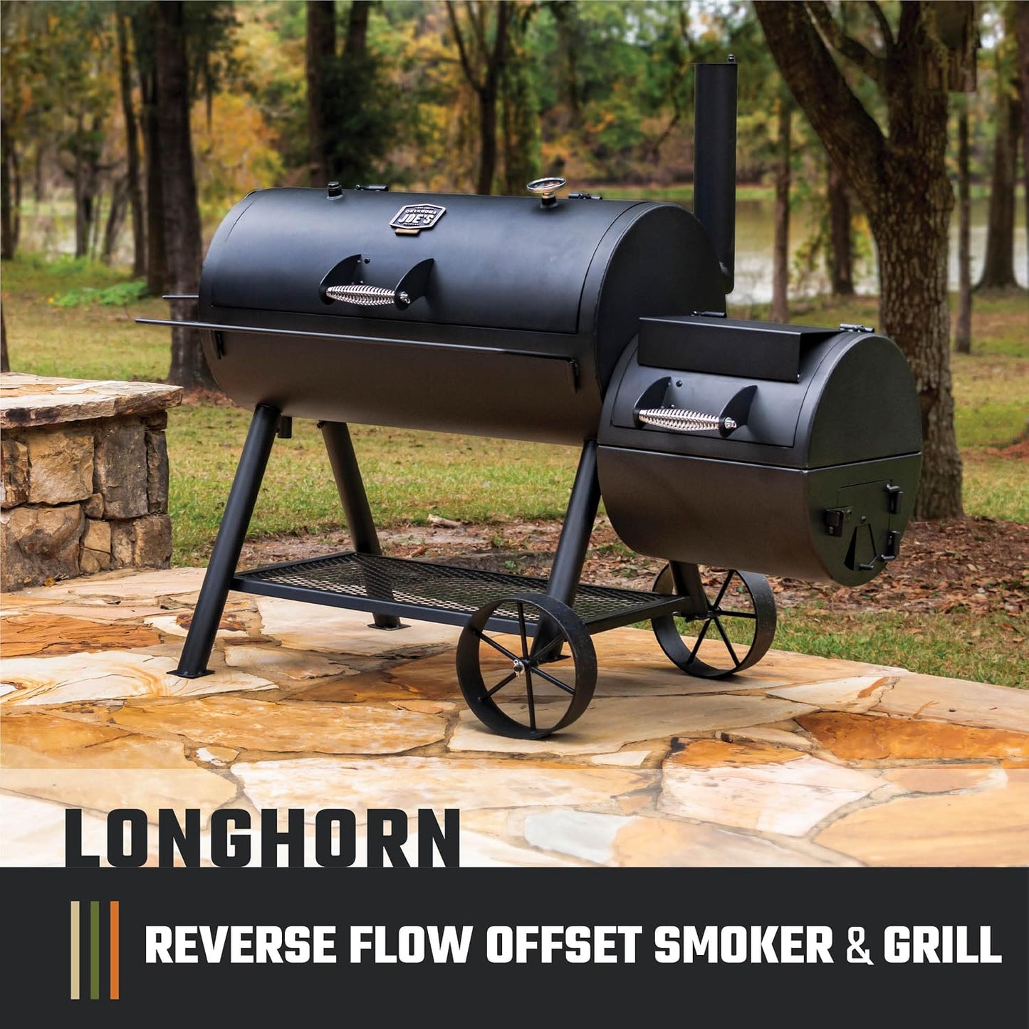 Longhorn Reverse Flow Offset Charcoal Smoker and Grill with 1060 Sq. In. Cooking Area in Black
