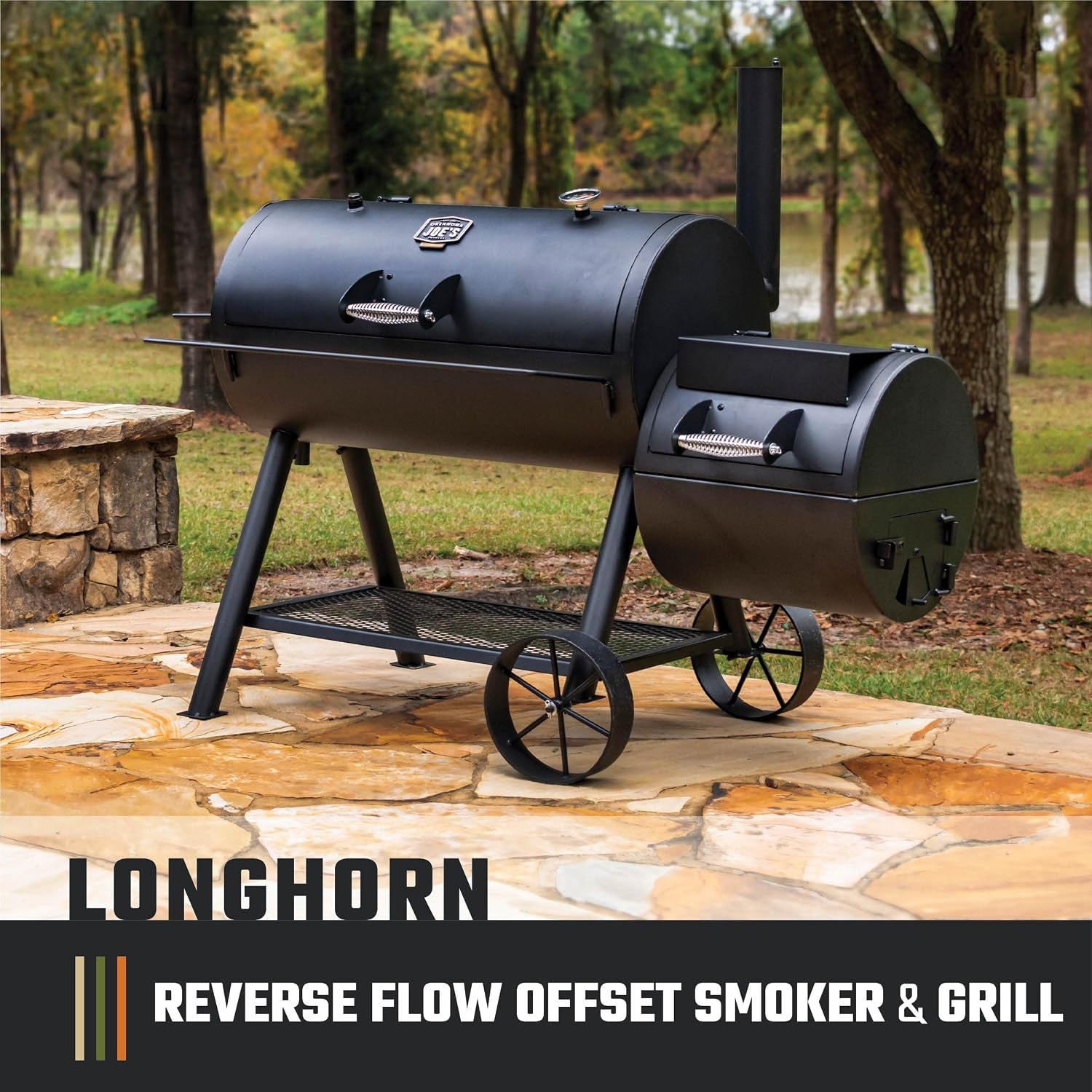 Longhorn Reverse Flow Offset Charcoal Smoker and Grill with 1060 Sq. In. Cooking Area in Black