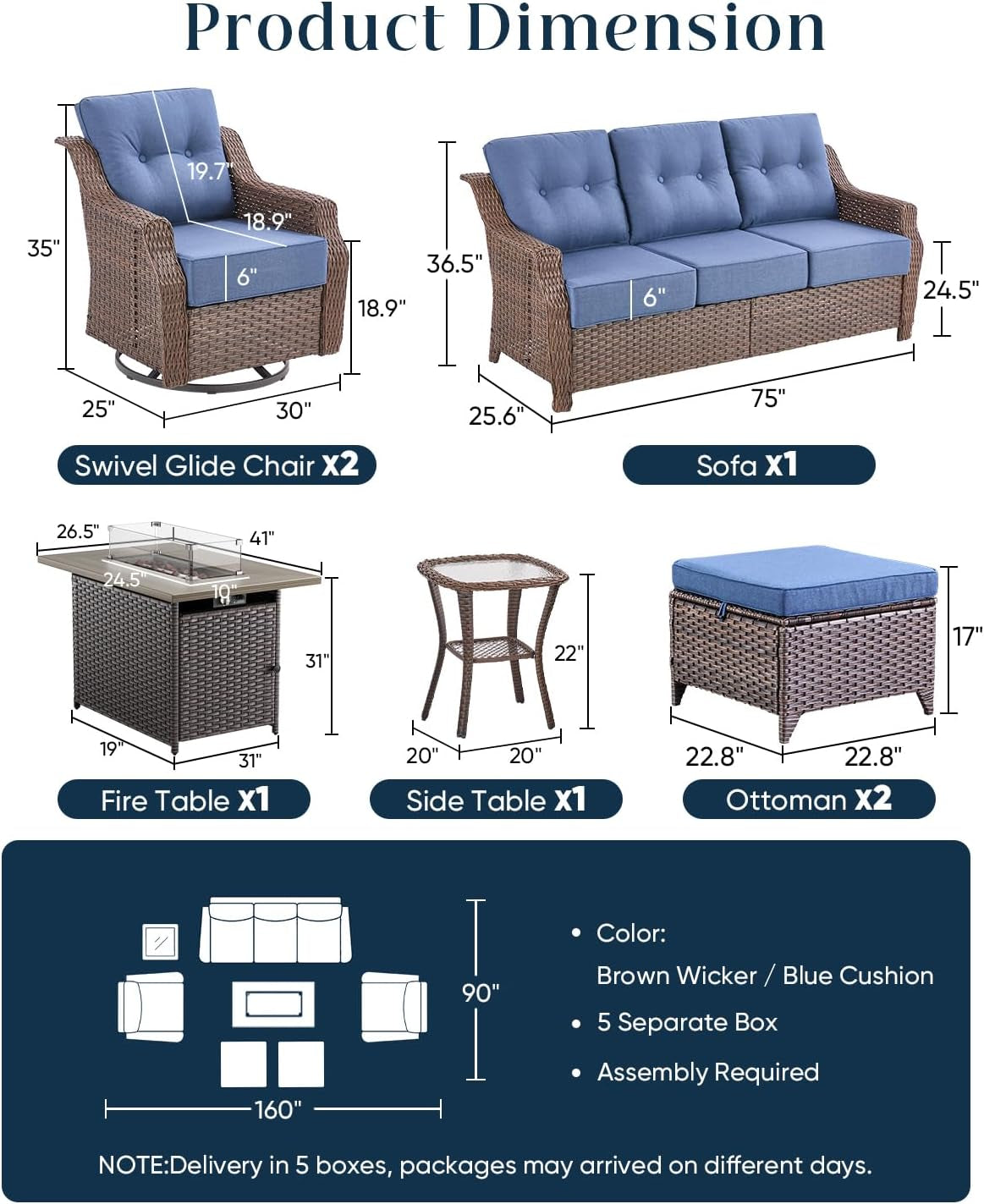 Luxurious 7 Piece Patio Furniture Set with Fire Pit Table, High Back Swivel Rocker Glider Outdoor Chairs with 6" Blue Cushion, All-Weather Patio Conversation Set for Yard Garden Brown Wicker