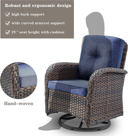 6 Piece Patio Conversation Sets - Wicker Patio Furniture Sets with Outdoor Swivel Rocker Chairs Outdoor Couch Perfect for Patio Deck Backyard, Brown Wicker Blue Cushion