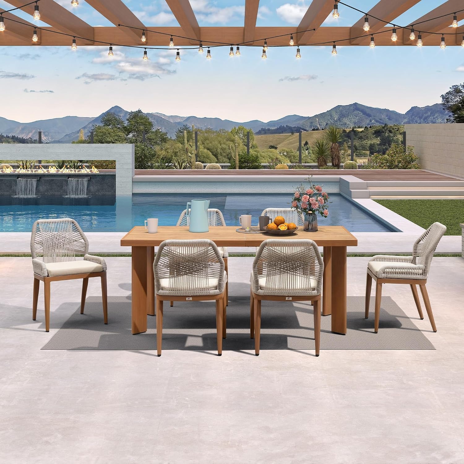 7 Pieces Patio Dining Set with Cushion and Backrest, Deep Teak | Sunbrella Color Lasts, Premium HPL Tabletop, Quick-Dry Textilene Rope, Stable Aluminum Frame, Removable Washable Seat Cover