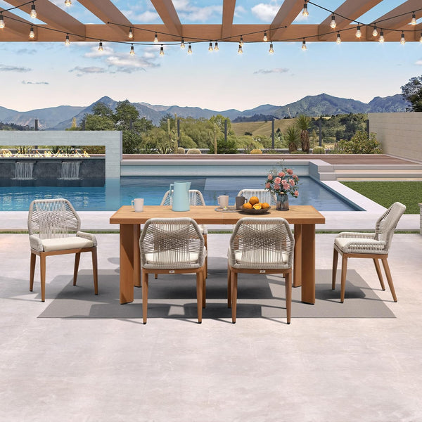 7-Piece Outdoor Patio Dining Set with Teak HPL Tabletop & Rope Chairs