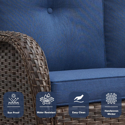 6 Piece Patio Conversation Sets - Wicker Patio Furniture Sets with Outdoor Swivel Rocker Chairs Outdoor Couch Perfect for Patio Deck Backyard, Brown Wicker Blue Cushion