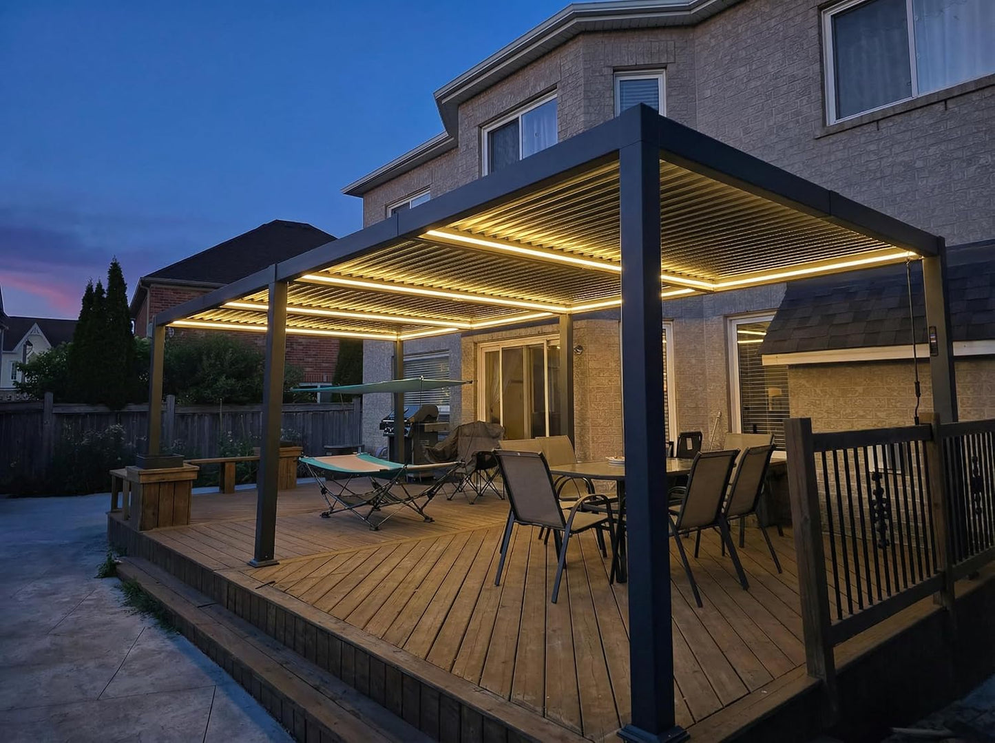 Louvered Pergola 92KS 11.5' X 27.5' with LED Strip Lights Huge Aluminum plus Outdoor Pergola with Adjustable Louvered Roof for Patio Deck Garden Yard Gray