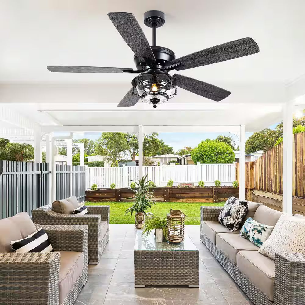 52 In. Indoor/Outdoor Black Ceiling Fans with Light and Remote-Wet Rated for Patios Gazebos