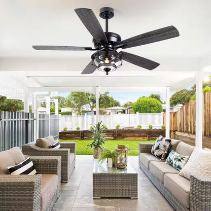52 In. Indoor/Outdoor Black Ceiling Fans with Light and Remote-Wet Rated for Patios Gazebos