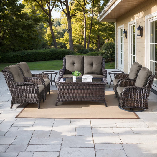 8 Pieces Patio Furniture Sets with Swivel Rocking Chairs,High-Back Rattan Patio Outdoor Conversation Set with 2-Seat Sofa & Coffee Table for Porch Deck Backyard Poolside