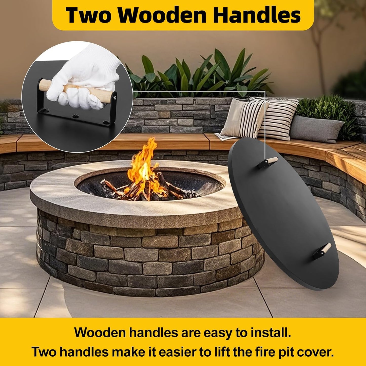 Firepit Lid round 38 Inch - Rust Resistant Fire Pit Lid Cover with Wooden Handle & Gloves, Fire Pit Snuffer Lid for Courtyards, Patio, Winter Cold Protection. Fits Fire Pits up to 36"