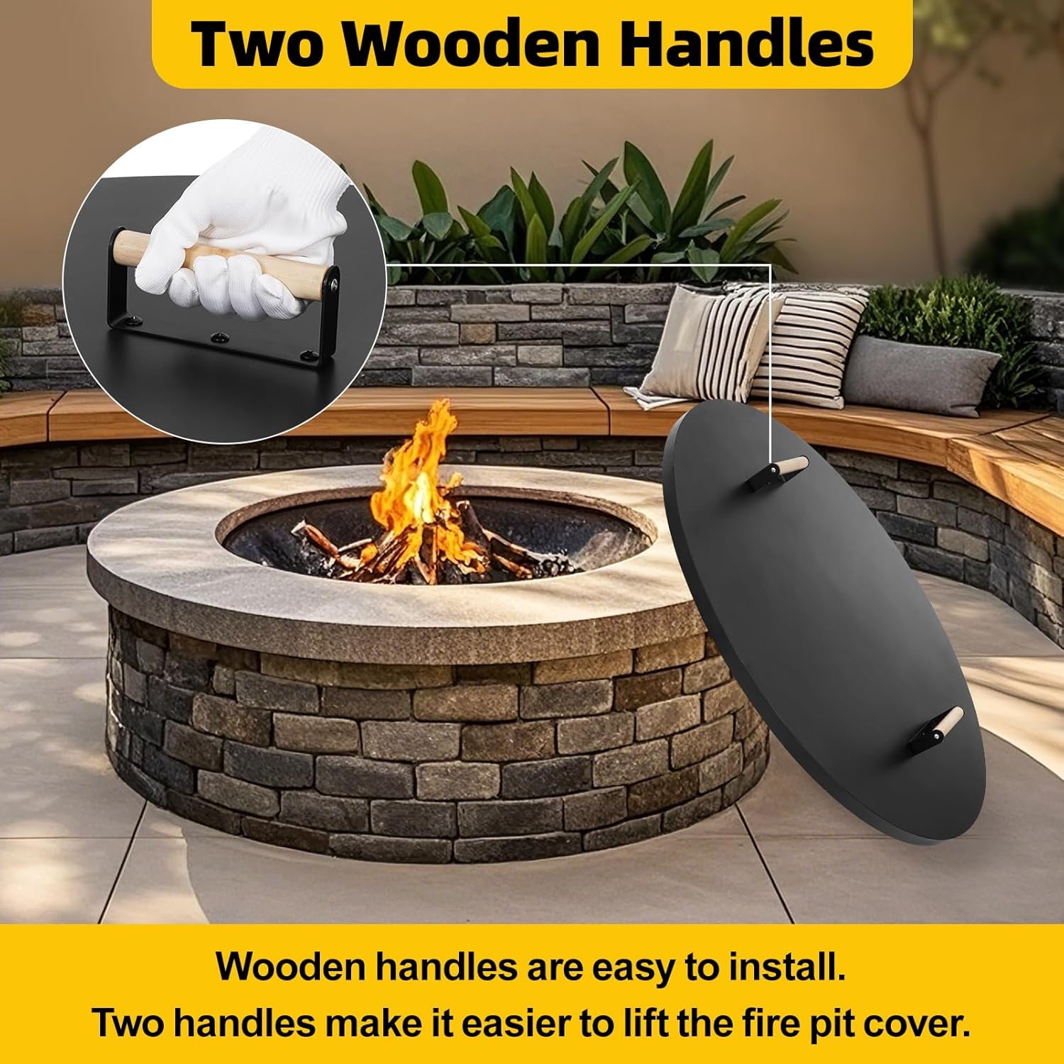 Firepit Lid round 38 Inch - Rust Resistant Fire Pit Lid Cover with Wooden Handle & Gloves, Fire Pit Snuffer Lid for Courtyards, Patio, Winter Cold Protection. Fits Fire Pits up to 36"