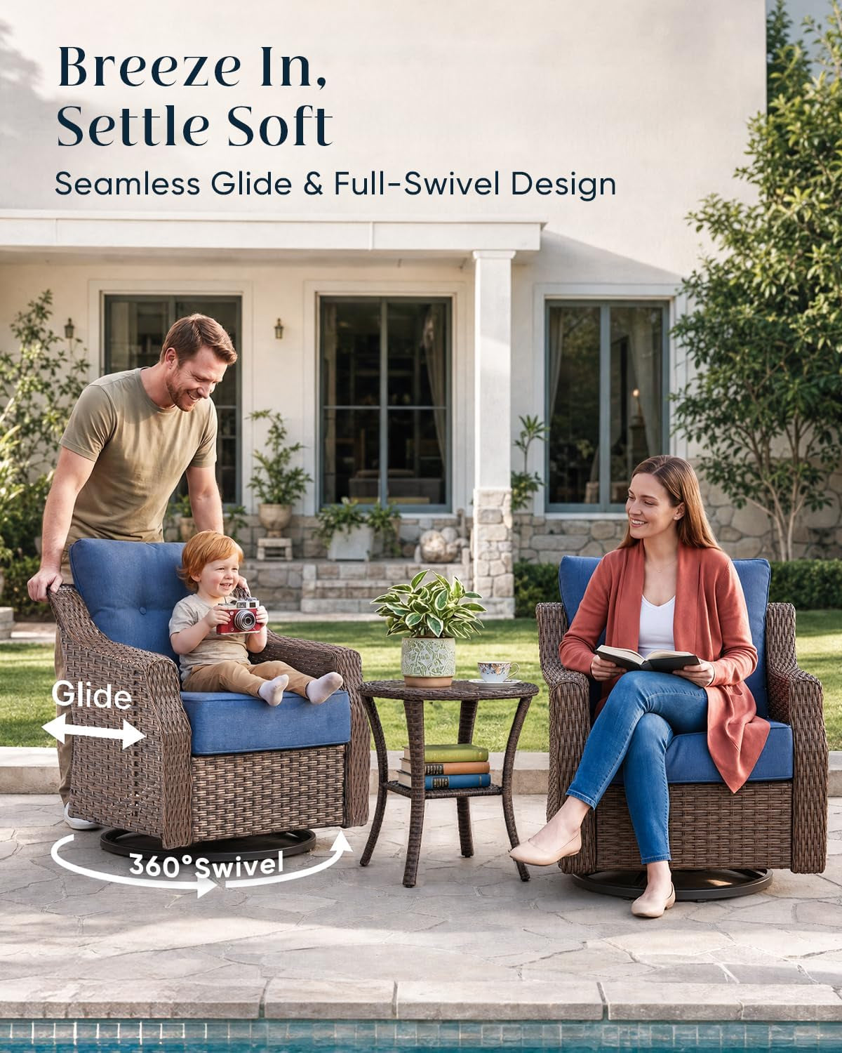 Luxurious 7 Piece Patio Furniture Set with Fire Pit Table, High Back Swivel Rocker Glider Outdoor Chairs with 6" Blue Cushion, All-Weather Patio Conversation Set for Yard Garden Brown Wicker