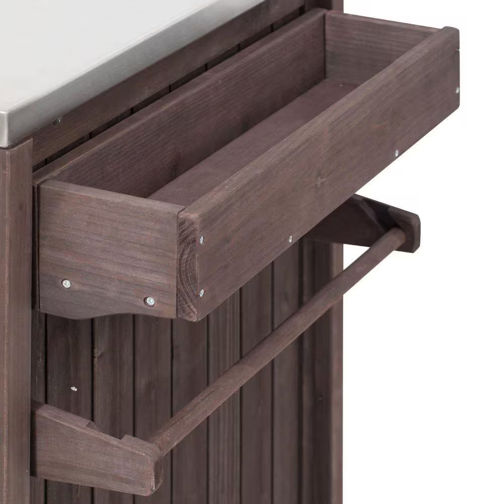 66.5 In. Dark Brown Wood Outdoor Grill Cart with Stainless Steel Top and Drawer