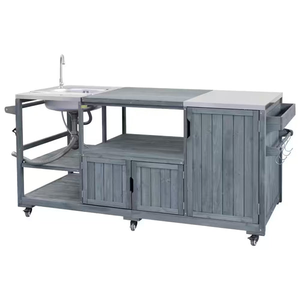 75.4" Outdoor Wood Grey Blue Kitchen Island Rolling Outdoor Bar Cart with Sink