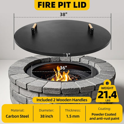 Firepit Lid round 38 Inch - Rust Resistant Fire Pit Lid Cover with Wooden Handle & Gloves, Fire Pit Snuffer Lid for Courtyards, Patio, Winter Cold Protection. Fits Fire Pits up to 36"