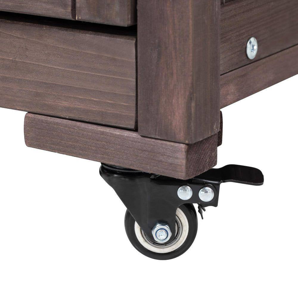 66.5 In. Dark Brown Wood Outdoor Grill Cart with Stainless Steel Top and Drawer