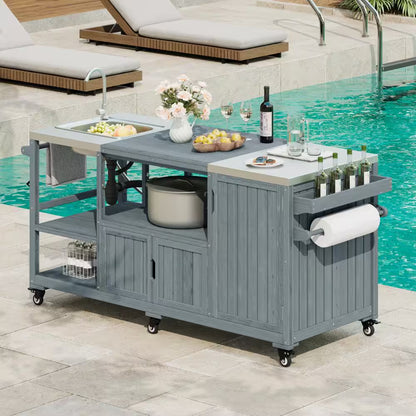75.4" Outdoor Wood Grey Blue Kitchen Island Rolling Outdoor Bar Cart with Sink