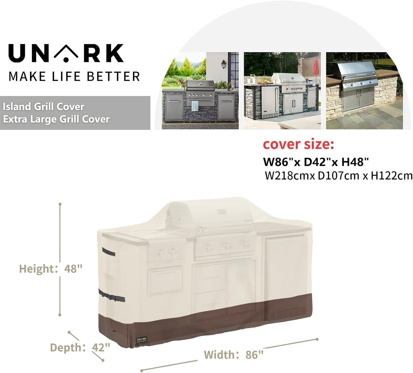 86 Inch Extra Large Grill Cover Kitchen Island Cover Large Island Grill Cover for Outdoor Grill Outdoor Kitchen Cover Heavy Duty Waterproof 86" L X 42" W X 48" H, Beige and Brown