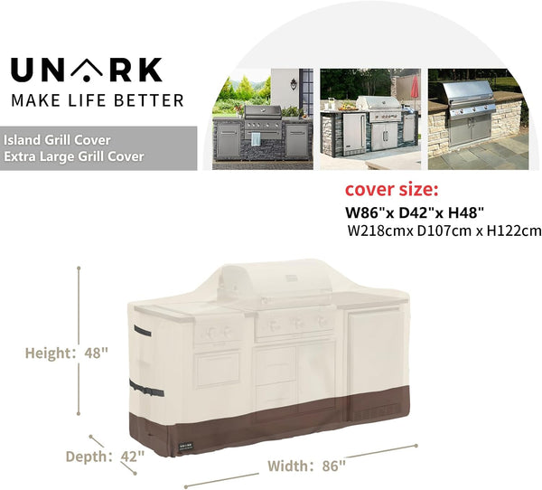 86 Inch Extra Large Grill Cover Kitchen Island Cover Large Island Grill Cover for Outdoor Grill Outdoor Kitchen Cover Heavy Duty Waterproof 86" L X 42" W X 48" H, Beige and Brown