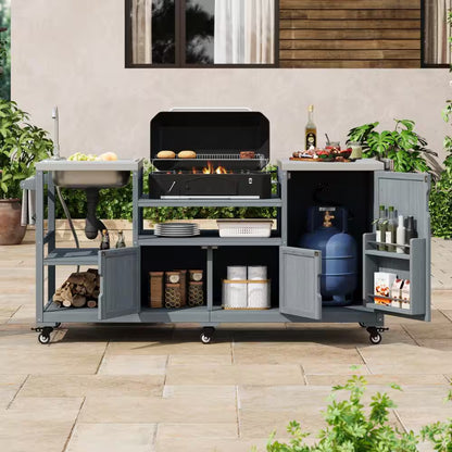 75.4" Outdoor Wood Grey Blue Kitchen Island Rolling Outdoor Bar Cart with Sink